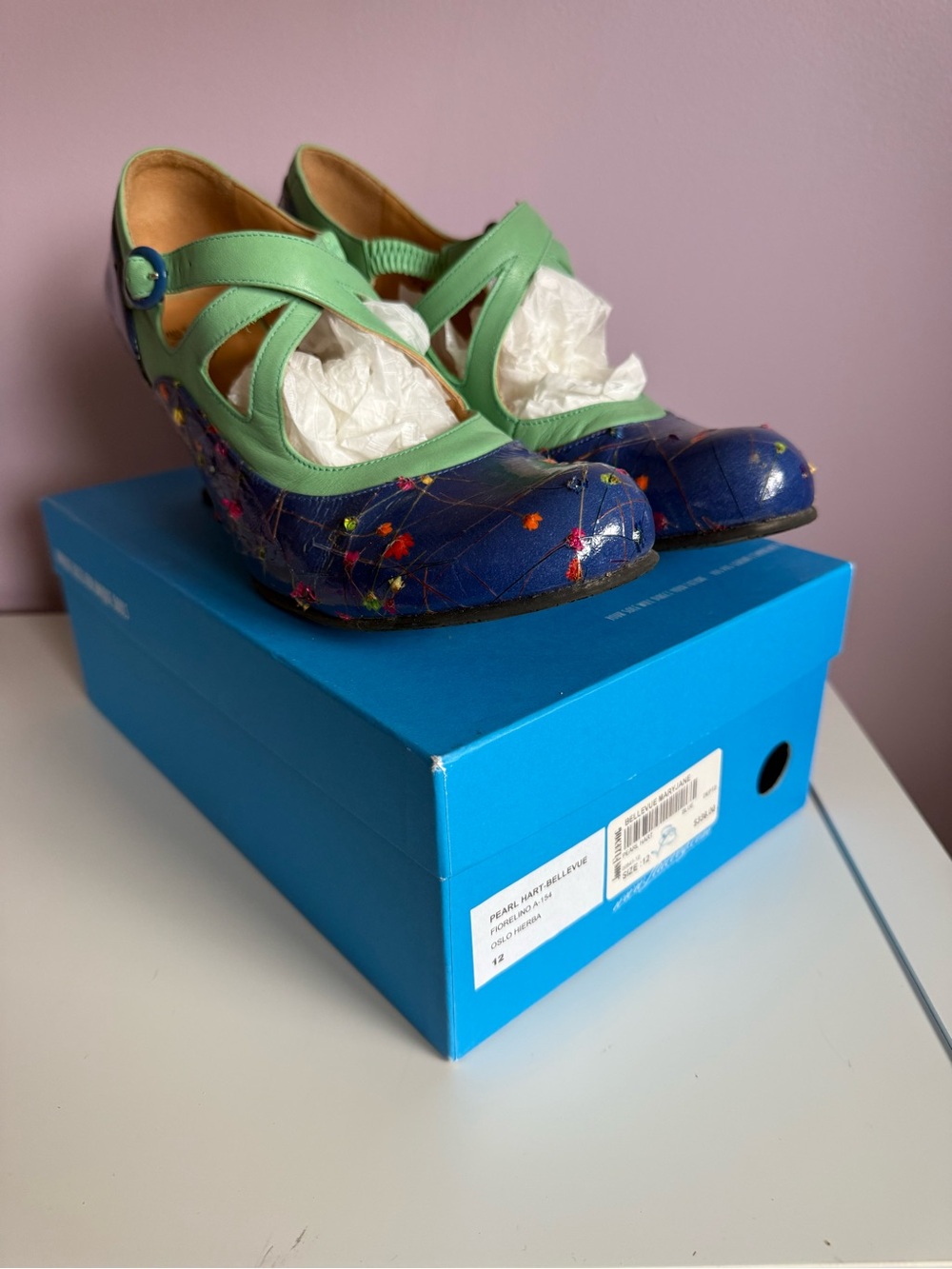 John Fluevog Pearl Hart Blue Floral Heels